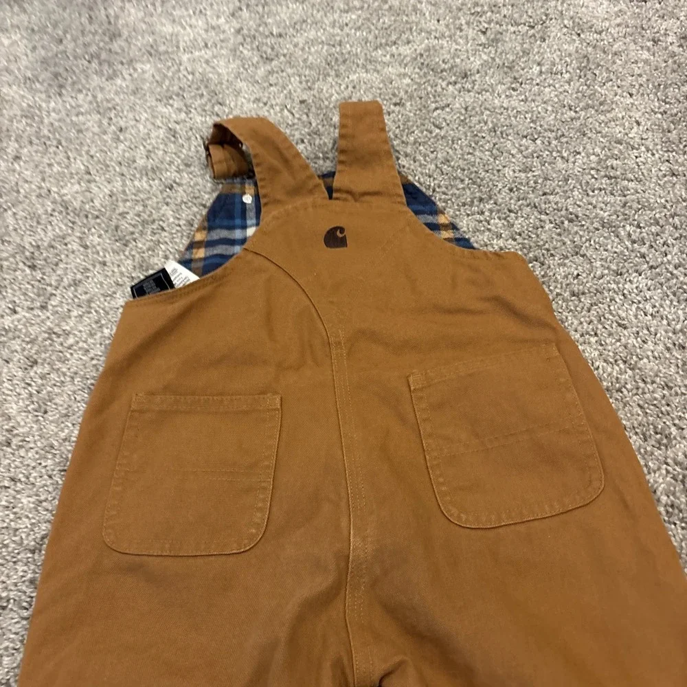 Carhartt Brown Camel Bib Overalls Plaid Flannel Lined Double Knee - Size 3T
